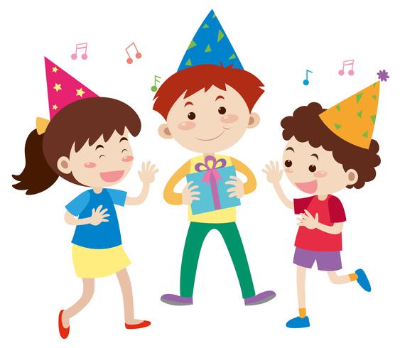 Tres niños felices en la fiesta de cumpleaños vector