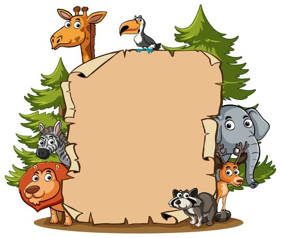 Plantilla de papel con animales salvajes en bosque vector