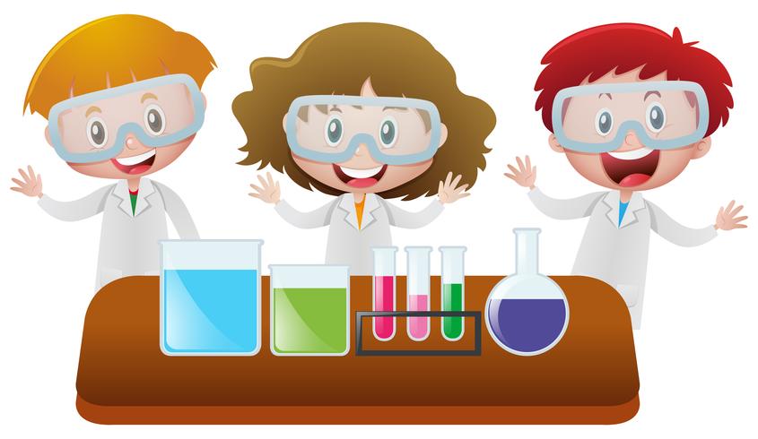 Tres niños en el laboratorio de ciencias. vector