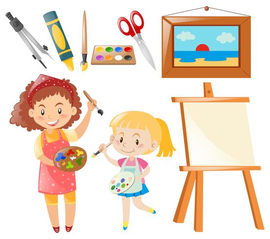 Set of people painting and art objects vector