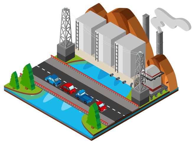 Central eléctrica y puente sobre el río. vector