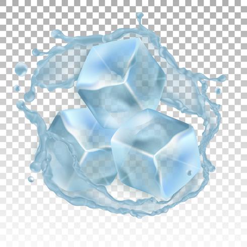 Cubitos de hielo realistas y un chorrito de agua. Ilustración vectorial vector