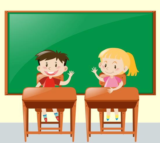 Two kids asking question in classroom vector