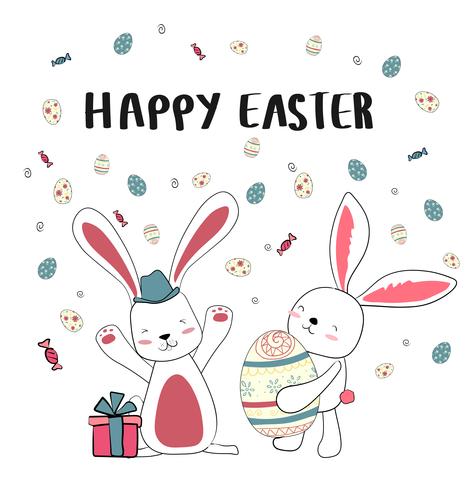 happy two bunny with cute eggs, happy Easter card vector