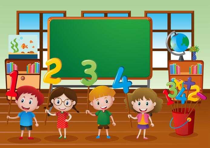 Niños y diferentes números en el aula. vector