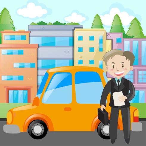 Businessman standing by yellow car vector