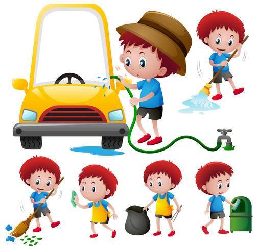 Boy doing different types of chores vector