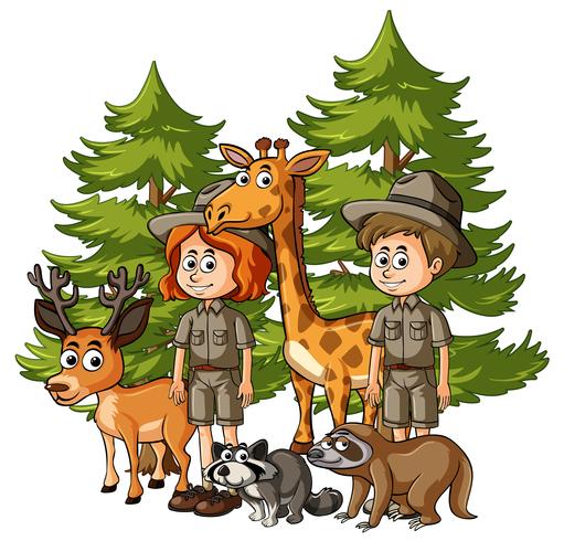 Zookeepers y muchos animales en el bosque. vector