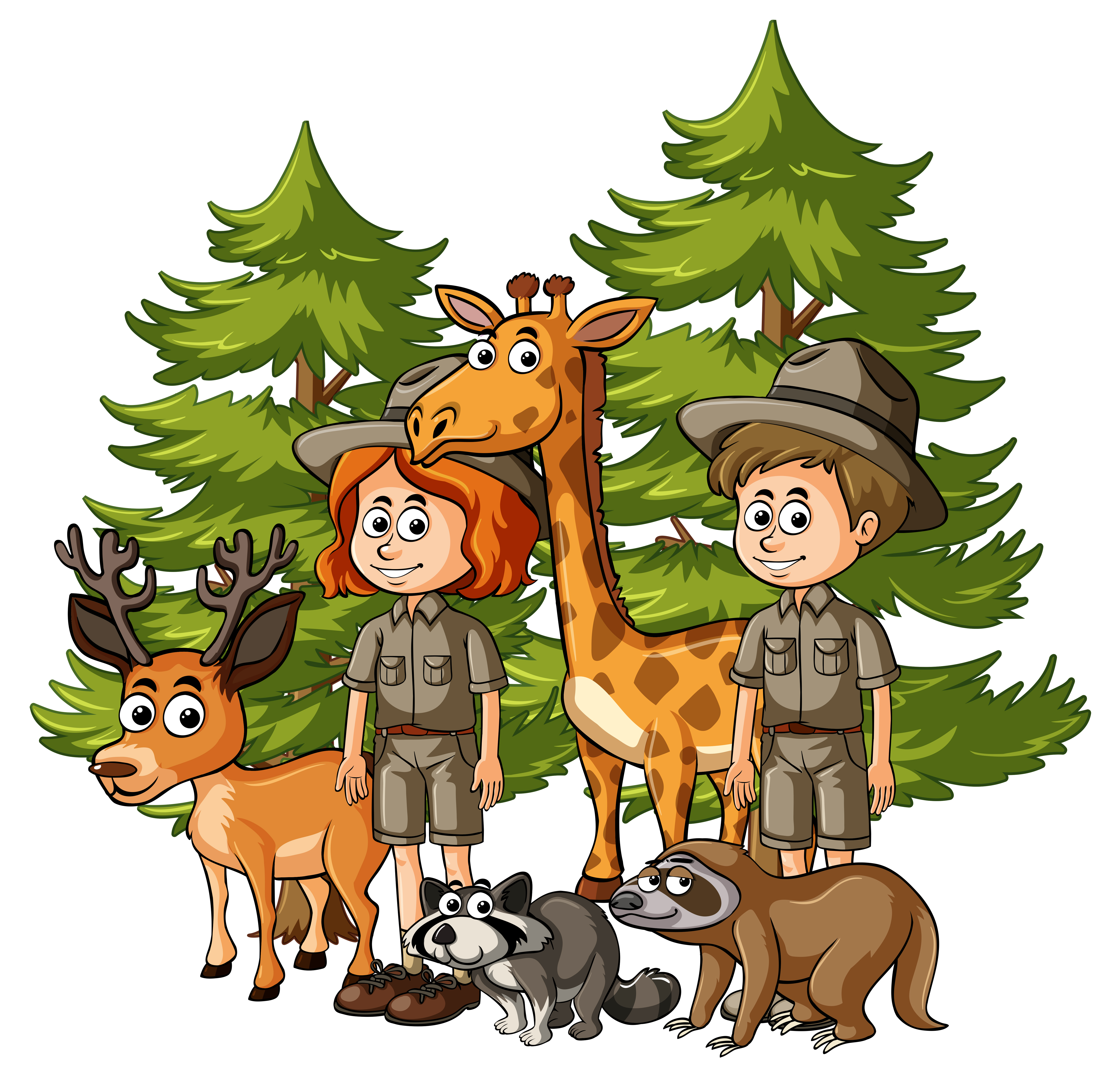 Zookeepers and many animals in forest 370212 Vector Art at Vecteezy Girl Cartoon Zoo Keeper
