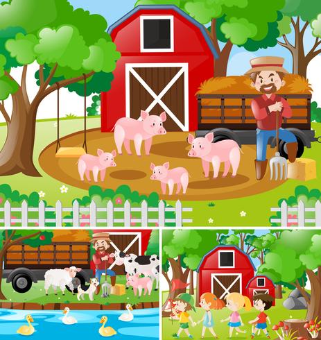 Three scenes of farmer working in the farm vector