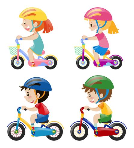 Four kids riding bicycle on white background vector