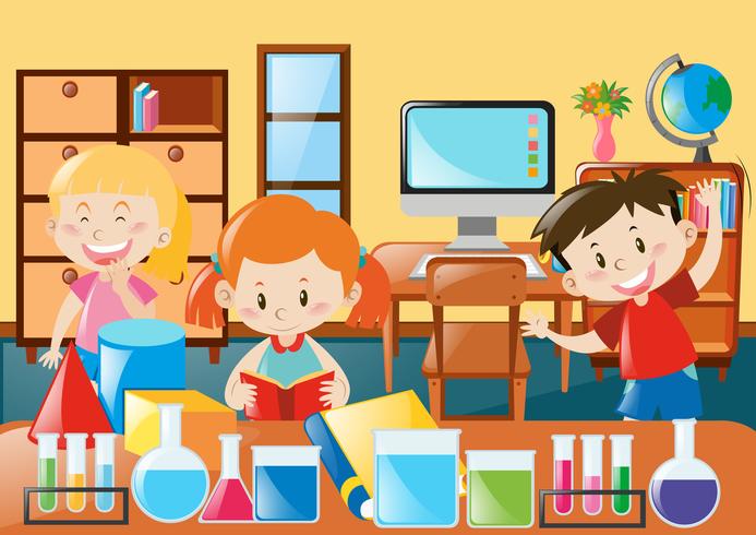 Kids learning in science classroom vector