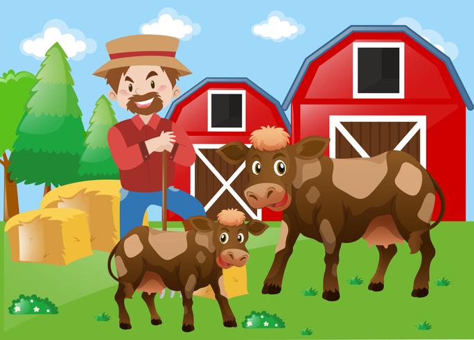 Farmer and cows on the farm vector