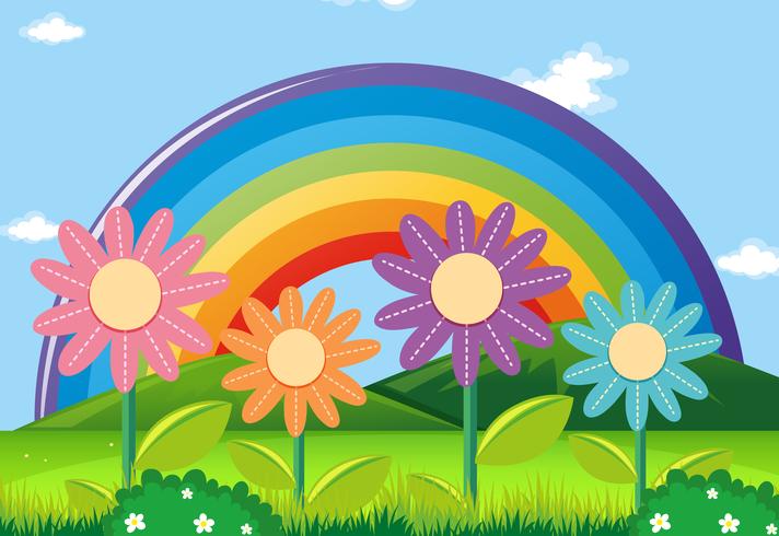 Rainbow and flowers in garden vector