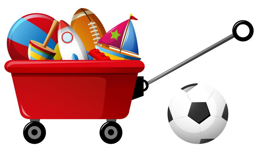 Red wagon with many toys and balls vector