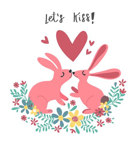 Conejito conejo rosa pareja besándose en guirnalda de flores vector