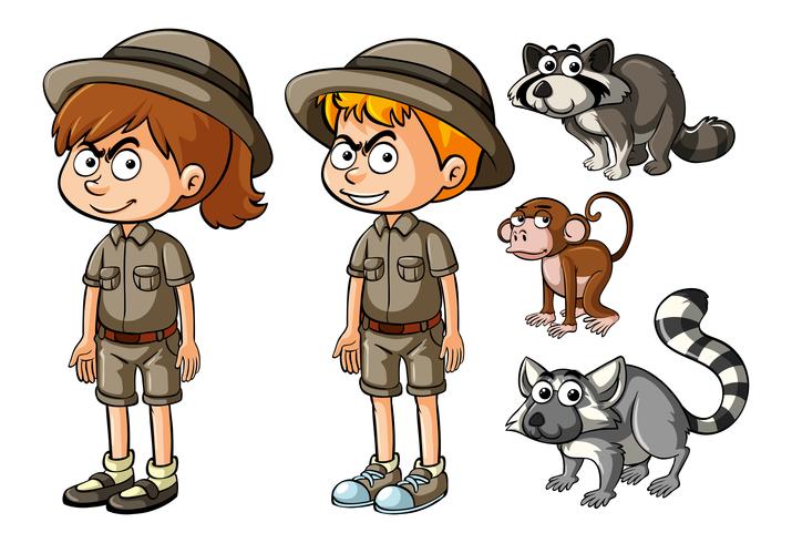 Niños en traje de safari con animales salvajes. vector