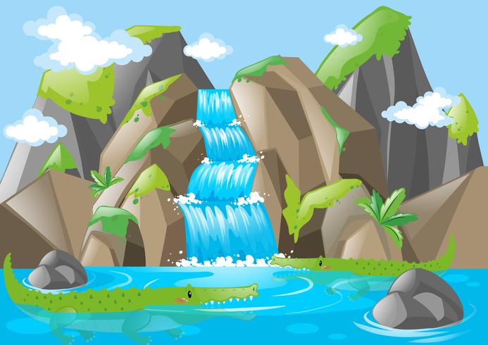 Scene with moutains and waterfall vector