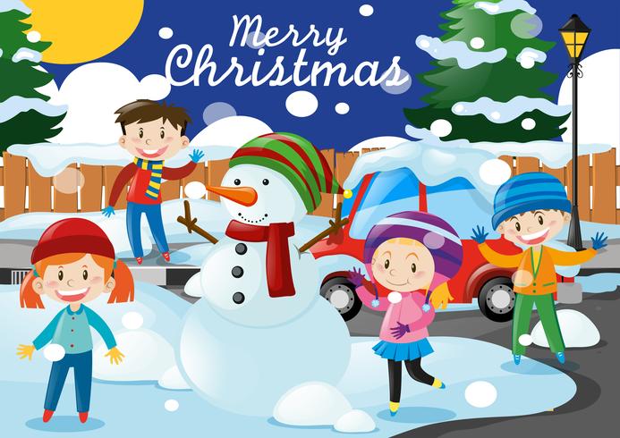 Christmas theme with kids and snowman in the village vector
