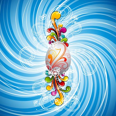 Easter illustration with painted egg and floral motives on spring background. vector