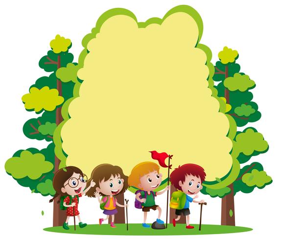 Border template with kids hiking in woods vector