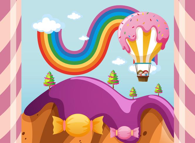 Scene with candy balloon over purple mountains vector