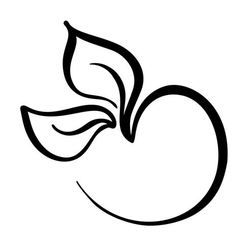 Logotipo negro dibujado mano de la caligrafía de la tinta de la manzana con el jardín del elemento del vector de la ecología de la hoja. Diseño de ilustración para boda y día de San Valentín, tarjeta de felicitación de cumpleaños y web, icono de eco