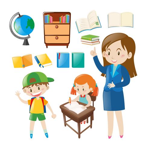 Set of school objects and people at school vector