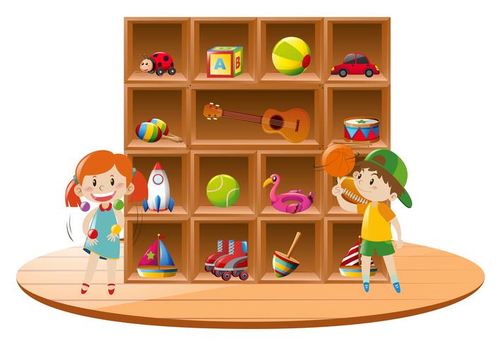 Niño y niña jugando con juguetes en la habitación vector