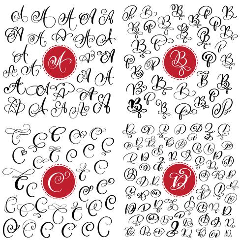 big Set of Hand drawn vector calligraphy letter A, B, C, D