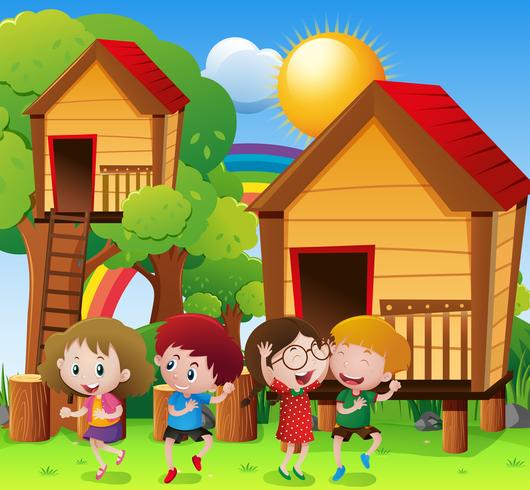 Children playing by the treehouse