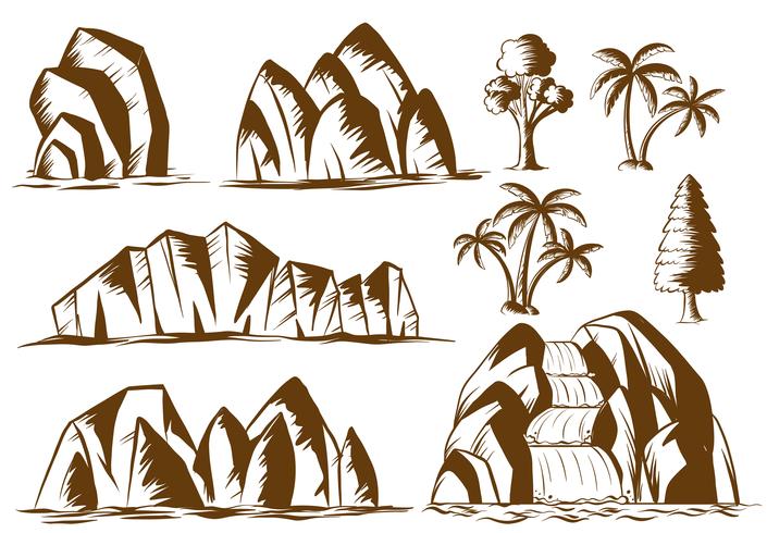 Doodle montañas y árboles vector