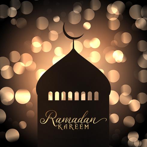 Fondo de Ramadán Kareem con silueta de mezquita contra luces bokeh de oro vector