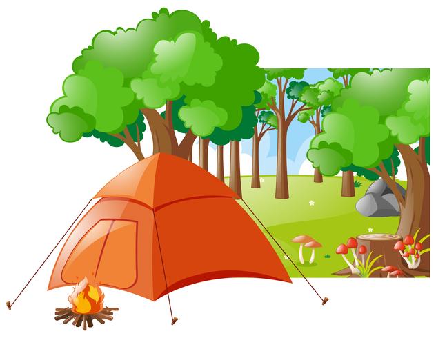 Escena del bosque con carpa y fogata. vector