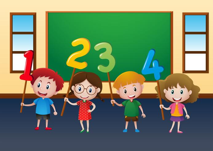 Niños felices y números en el aula. vector