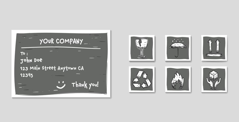 Shipping label set with package icon set in doodle sketch style with glass fragile, handle with care, flammable, upward arrow, keep dry, and recycle vector