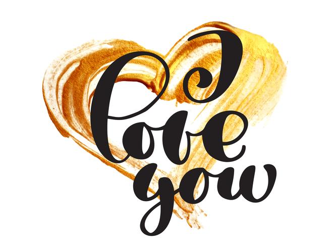 Tarjeta de San Valentín I Love You Vector Letras de texto elegante con un corazón de pincel dorado realista