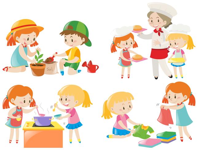 Kids doing different chores vector