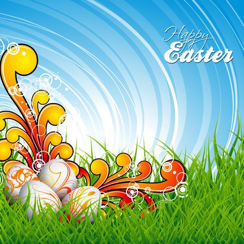 easter illustration with color painted eggs on spring background vector