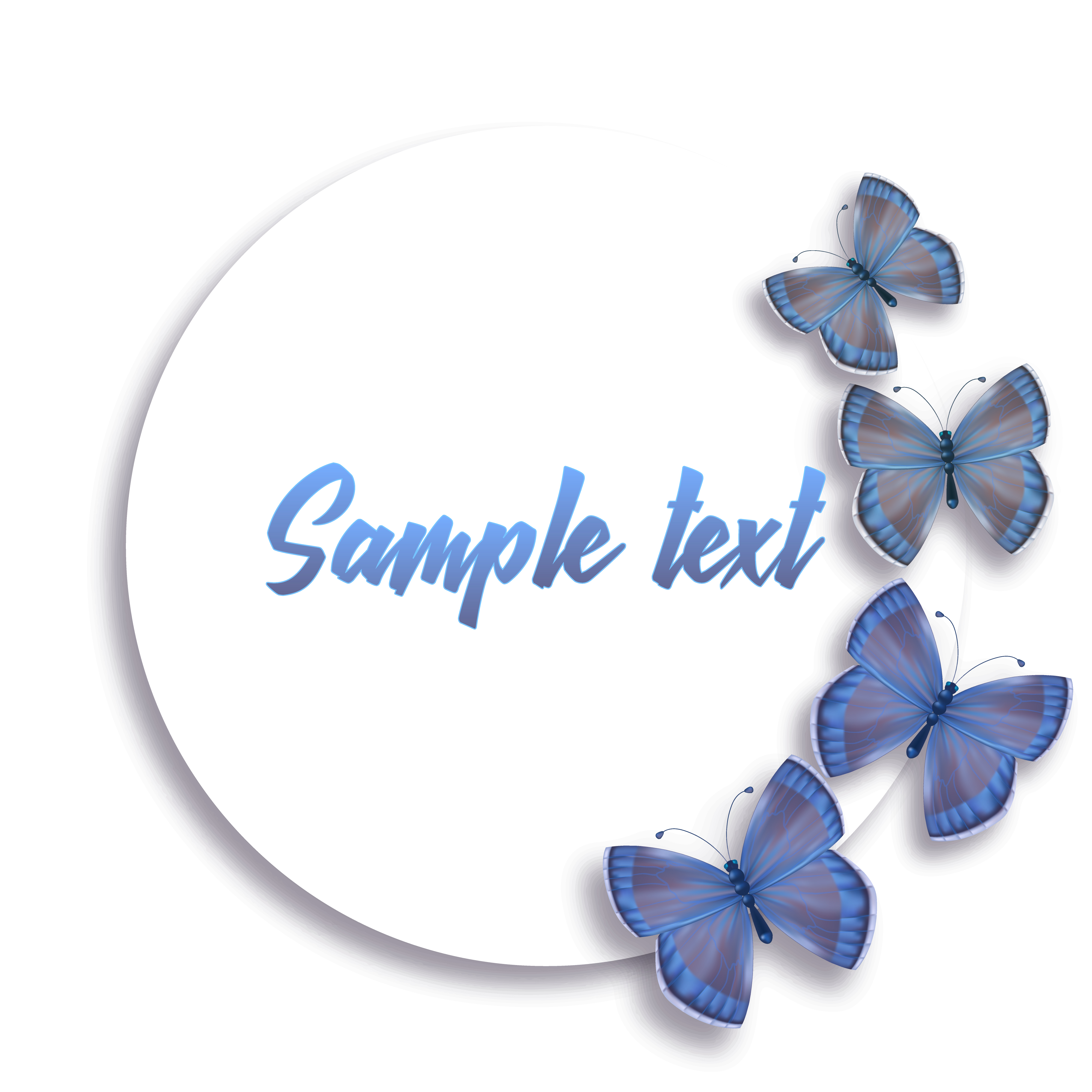 Round illustration with realistic blue butterflies and place for text
