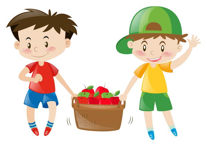 Dos niños cargando una cesta llena de manzanas. vector