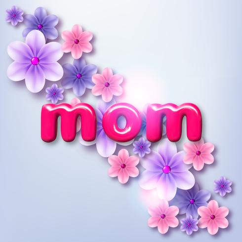 Feliz día de la madre. Vector la ilustración del día de fiesta con las flores de papel 3d y la etiqueta coloridas del texto. Banner de primavera 3d realista. Te amo mamá. Venta de vacaciones o signo de oferta