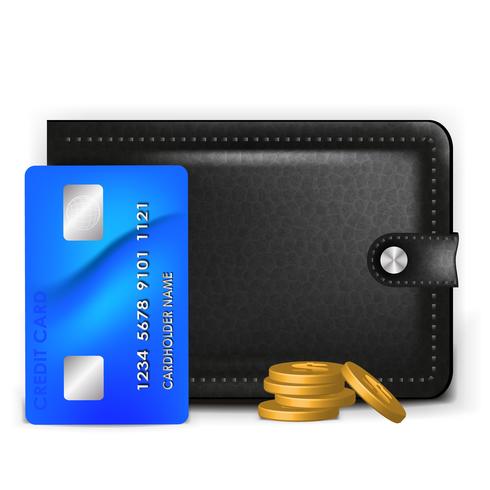 A realistic wallet with a payment card and coins vector