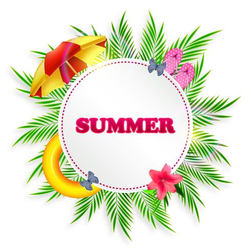 Summer background with palm leaves, beach umbrella and slippers vector