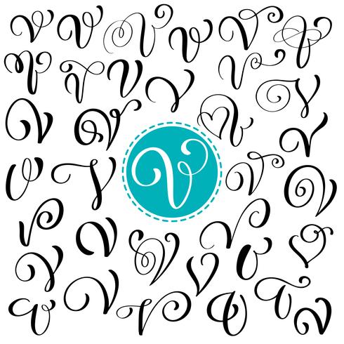 Set of Hand drawn vector calligraphy letter V