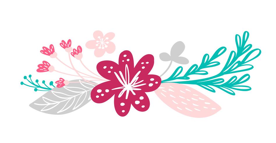 Ramo de flores y elementos florales aislados sobre fondo blanco en estilo escandinavo. Dibujado a mano ilustración vectorial vector