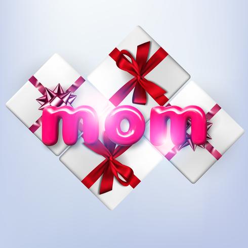 Happy Mothers Day. Vector holiday illustration with gift boxes and text label. Realistic 3d spring banner. I love you mom. Holiday sale or offer sign