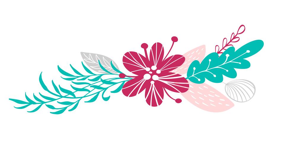 Ramo de flores y elementos florales aislados sobre fondo blanco en estilo escandinavo. Dibujado a mano ilustración vectorial vector