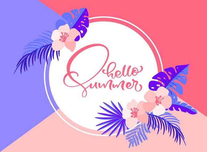 Text Hello summer in geometric floral exotic leaves frame vector