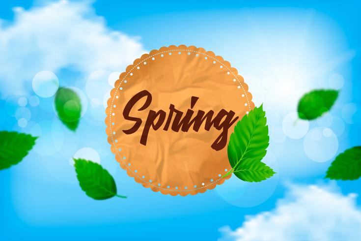 spring vector illustration with sky, clouds, leaves and postal paper